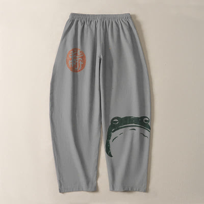 Buddha Stones Pure Cotton Seal Frog Pattern Drawstring Men's Tapered Pants With Pockets - image 14