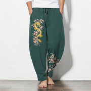 Foviel Pure Cotton Golden Dragon Blossom Pattern Drawstring Men's Tapered Pants With Pockets