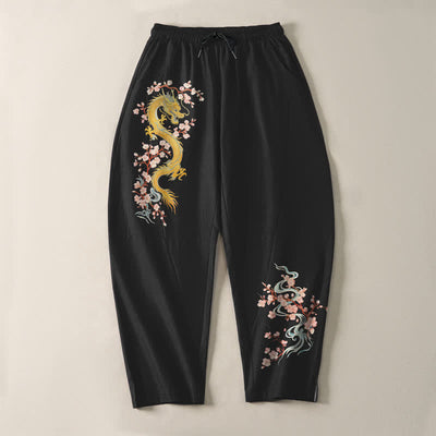Buddha Stones Pure Cotton Golden Dragon Blossom Pattern Drawstring Men's Tapered Pants With Pockets - image 9
