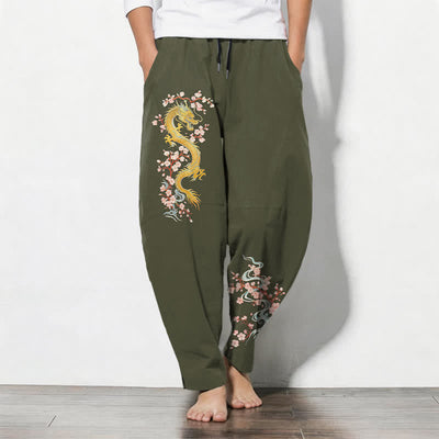 Buddha Stones Pure Cotton Golden Dragon Blossom Pattern Drawstring Men's Tapered Pants With Pockets - DarkOliveGreen - US/UK/AU50，EU60 (5XL) - image 11
