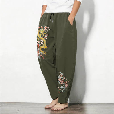 Buddha Stones Pure Cotton Golden Dragon Blossom Pattern Drawstring Men's Tapered Pants With Pockets - image 12