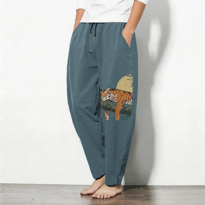 Buddha Stones Pure Cotton Reclining Tiger Moon Pattern Drawstring Men's Tapered Pants With Pockets - image 1