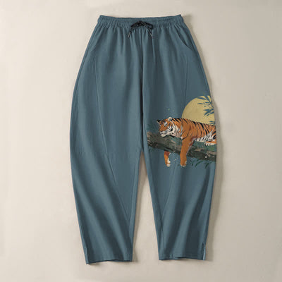 Buddha Stones Pure Cotton Reclining Tiger Moon Pattern Drawstring Men's Tapered Pants With Pockets - image 2