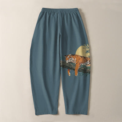 Buddha Stones Pure Cotton Reclining Tiger Moon Pattern Drawstring Men's Tapered Pants With Pockets - image 3