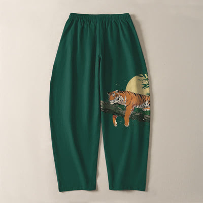Buddha Stones Pure Cotton Reclining Tiger Moon Pattern Drawstring Men's Tapered Pants With Pockets - image 10