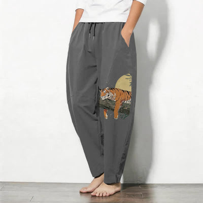 Buddha Stones Pure Cotton Reclining Tiger Moon Pattern Drawstring Men's Tapered Pants With Pockets - image 12