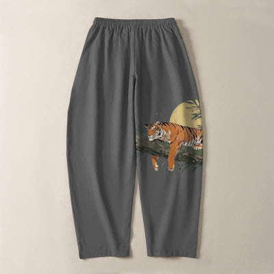Buddha Stones Pure Cotton Reclining Tiger Moon Pattern Drawstring Men's Tapered Pants With Pockets - image 14