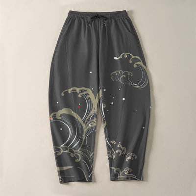 Buddha Stones Pure Cotton Ocean Tide Wave Pattern Drawstring Men's Tapered Pants With Pockets - image 9