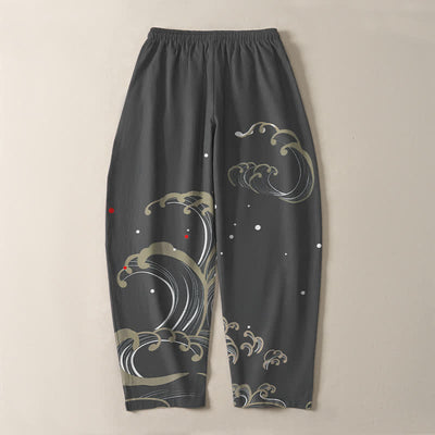 Buddha Stones Pure Cotton Ocean Tide Wave Pattern Drawstring Men's Tapered Pants With Pockets - image 10