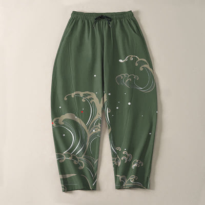 Buddha Stones Pure Cotton Ocean Tide Wave Pattern Drawstring Men's Tapered Pants With Pockets - image 13
