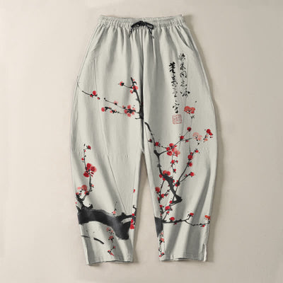 Buddha Stones Pure Cotton Calligraphy Plum Blossom Pattern Drawstring Men's Tapered Pants With Pockets - image 2