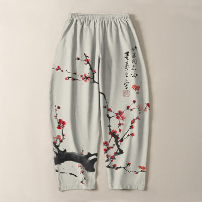Buddha Stones Pure Cotton Calligraphy Plum Blossom Pattern Drawstring Men's Tapered Pants With Pockets - image 3