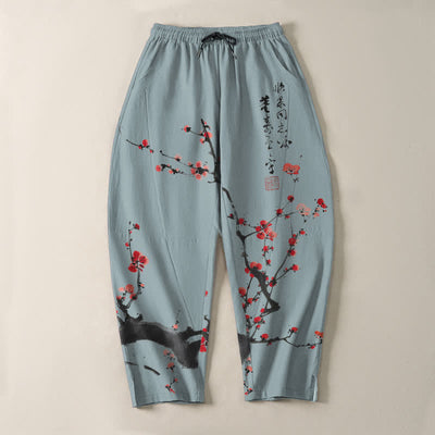 Buddha Stones Pure Cotton Calligraphy Plum Blossom Pattern Drawstring Men's Tapered Pants With Pockets - image 9