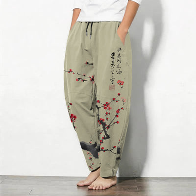 Buddha Stones Pure Cotton Calligraphy Plum Blossom Pattern Drawstring Men's Tapered Pants With Pockets - image 12