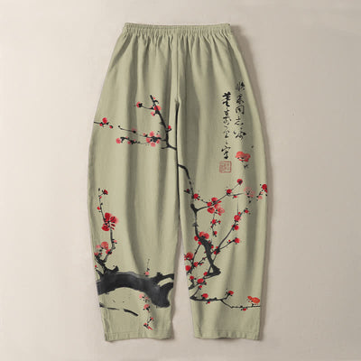 Buddha Stones Pure Cotton Calligraphy Plum Blossom Pattern Drawstring Men's Tapered Pants With Pockets - image 14