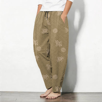 Buddha Stones Pure Cotton Floral Medallion Pattern Drawstring Men's Tapered Pants With Pockets - image 1