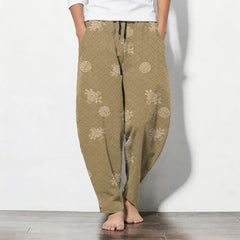 Buddha Stones Pure Cotton Floral Medallion Pattern Drawstring Men's Tapered Pants With Pockets - Tan - US/UK/AU50，EU60 (5XL) - image 0