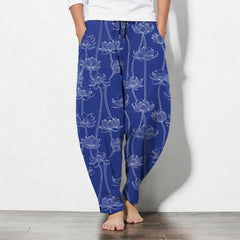 Buddha Stones Pure Cotton White Lotus Line Art Pattern Drawstring Men's Tapered Pants With Pockets - RoyalBlue - US/UK/AU50，EU60 (5XL) - image 0