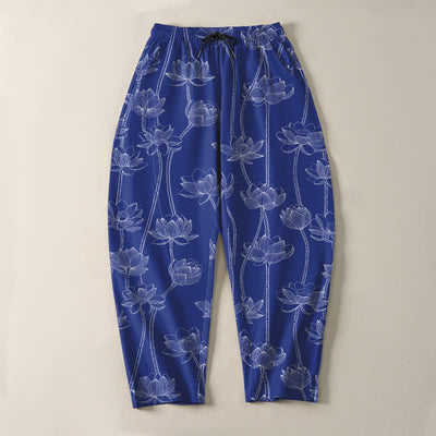 Buddha Stones Pure Cotton White Lotus Line Art Pattern Drawstring Men's Tapered Pants With Pockets - image 2