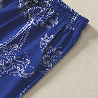 Buddha Stones Pure Cotton White Lotus Line Art Pattern Drawstring Men's Tapered Pants With Pockets - image 4