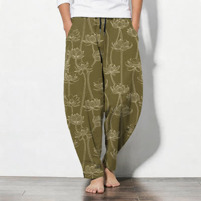 Buddha Stones Pure Cotton White Lotus Line Art Pattern Drawstring Men's Tapered Pants With Pockets - Olive - US/UK/AU50，EU60 (5XL) - image 7