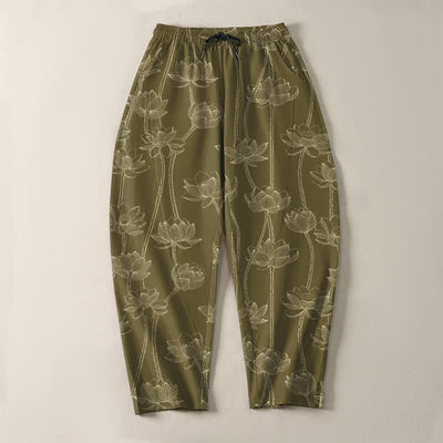 Buddha Stones Pure Cotton White Lotus Line Art Pattern Drawstring Men's Tapered Pants With Pockets - image 9