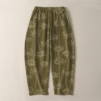 Buddha Stones Pure Cotton White Lotus Line Art Pattern Drawstring Men's Tapered Pants With Pockets - image 10