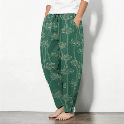 Buddha Stones Pure Cotton White Lotus Line Art Pattern Drawstring Men's Tapered Pants With Pockets - image 12