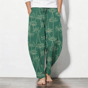 Foviel Pure Cotton White Lotus Line Art Pattern Drawstring Men's Tapered Pants With Pockets