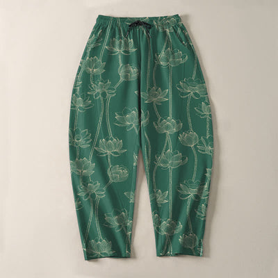 Buddha Stones Pure Cotton White Lotus Line Art Pattern Drawstring Men's Tapered Pants With Pockets - image 13