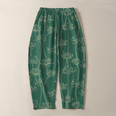 Buddha Stones Pure Cotton White Lotus Line Art Pattern Drawstring Men's Tapered Pants With Pockets - image 14