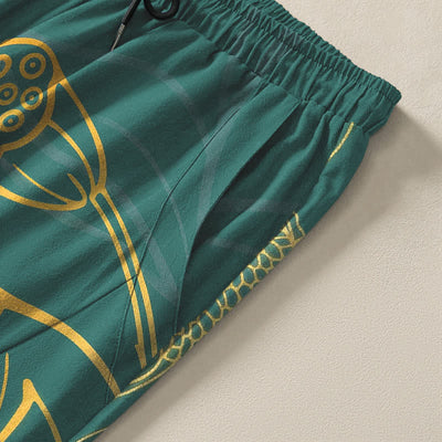 Buddha Stones Pure Cotton Golden Lotus Koi Pattern Drawstring Men's Tapered Pants With Pockets - image 4