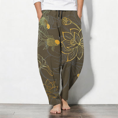 Buddha Stones Pure Cotton Golden Lotus Koi Pattern Drawstring Men's Tapered Pants With Pockets - SaddleBrown - US/UK/AU50，EU60 (5XL) - image 11