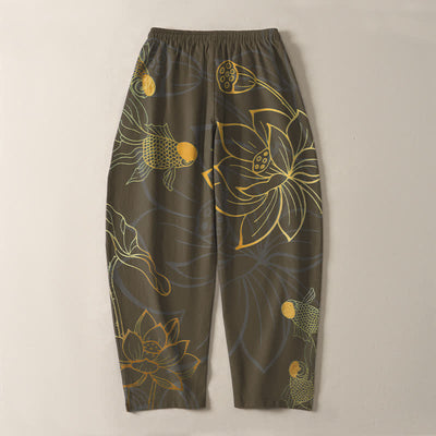 Buddha Stones Pure Cotton Golden Lotus Koi Pattern Drawstring Men's Tapered Pants With Pockets - image 14