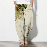 Foviel Pure Cotton Lotus Koi Ink Wash Pattern Drawstring Men's Tapered Pants With Pockets
