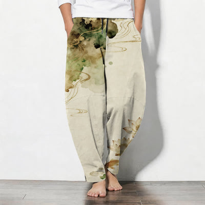 Buddha Stones Pure Cotton Lotus Koi Ink Wash Pattern Drawstring Men's Tapered Pants With Pockets - Beige - US/UK/AU50，EU60 (5XL) - image 7