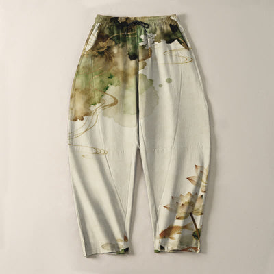 Buddha Stones Pure Cotton Lotus Koi Ink Wash Pattern Drawstring Men's Tapered Pants With Pockets - image 9