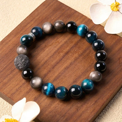 Buddha Stones Blue Tiger Eye Silver Sheen Obsidian Positive Bracelet - image 1