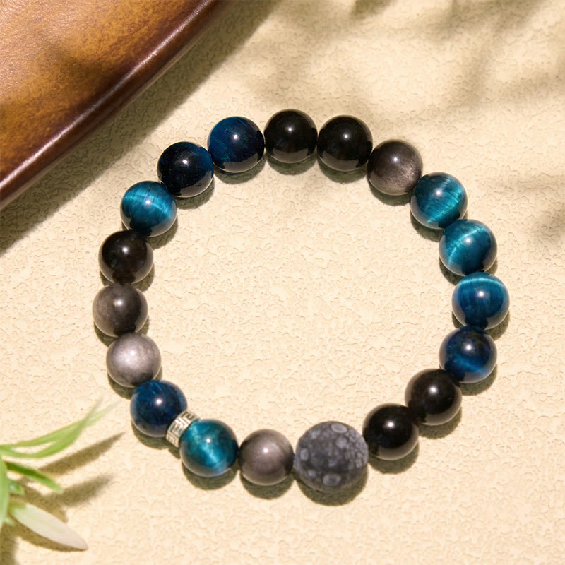 Buddha Stones Blue Tiger Eye Silver Sheen Obsidian Positive Bracelet - image 2