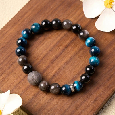 Buddha Stones Blue Tiger Eye Silver Sheen Obsidian Positive Bracelet - image 9