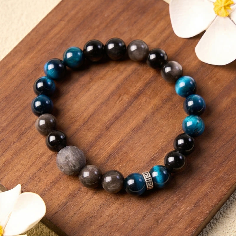 Buddha Stones Blue Tiger Eye Silver Sheen Obsidian Positive Bracelet - image 9