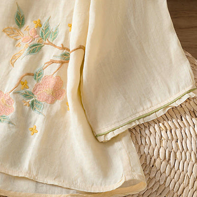 Buddha Stones Summer Tang Style Vintage Embroidery Floral Leaves Women's Elbow-Length Sleeve Shirts - image 3