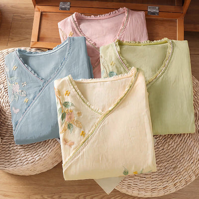 Buddha Stones Summer Tang Style Vintage Embroidery Floral Leaves Women's Elbow-Length Sleeve Shirts - image 26