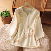 Foviel Summer Tang Style Vintage Embroidery Floral Leaves Women's Elbow-Length Sleeve Shirts