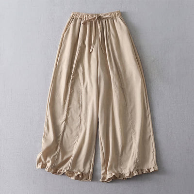 Buddha Stones Spring Summer Casual Minimalist Drawstring Solid Cropped Pleated Cuff Pants Women's Wide Leg Pants With Pockets - Tan - US8-10, UK/AU12-14, EU40-42 (2XL) - image 0