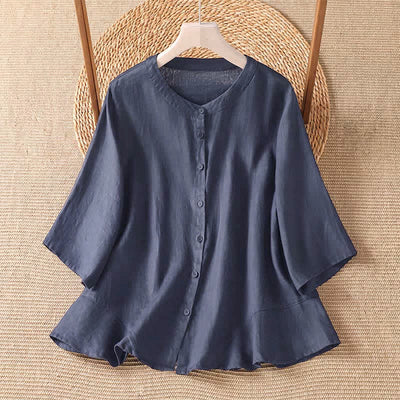 Buddha Stones Summer Casual Minimalist Button-Up Solid Women's Elbow-Length Sleeve Shirts - MidnightBlue - US8-10, UK/AU12-14, EU40-42 (2XL) - image 3