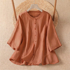 Buddha Stones Summer Casual Minimalist Button-Up Solid Women's Elbow-Length Sleeve Shirts - Peru - US8-10, UK/AU12-14, EU40-42 (2XL) - image 0