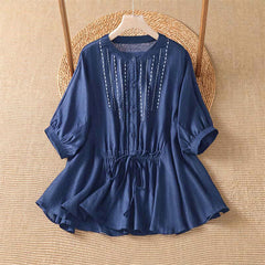 Buddha Stones Summer Casual Boho Button-Up Drawstring Solid Flared Hem Women's Short Sleeve Shirts - MidnightBlue - US8-10, UK/AU12-14, EU40-42 (2XL) - image 0