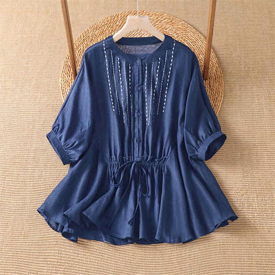 Buddha Stones Summer Casual Boho Button-Up Drawstring Solid Flared Hem Women's Short Sleeve Shirts - MidnightBlue - US8-10, UK/AU12-14, EU40-42 (2XL) - image 0