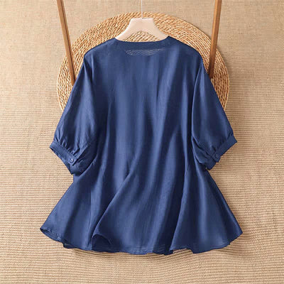 Buddha Stones Summer Casual Boho Button-Up Drawstring Solid Flared Hem Women's Short Sleeve Shirts - image 1